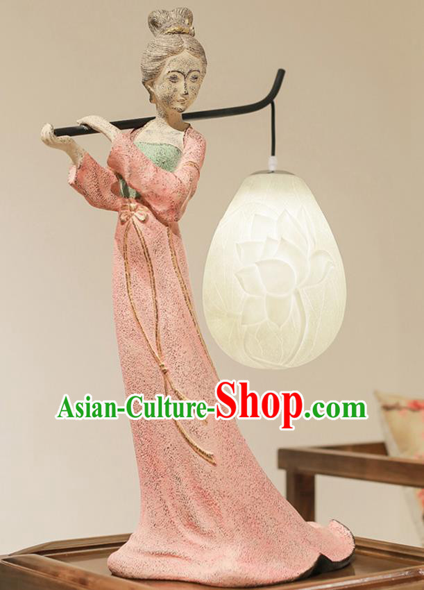 China Handmade Traditional Limestone Home Decorations Palace Lady Table Lamp Spring Festival Beauty Desk Lantern Carving Lotus Light