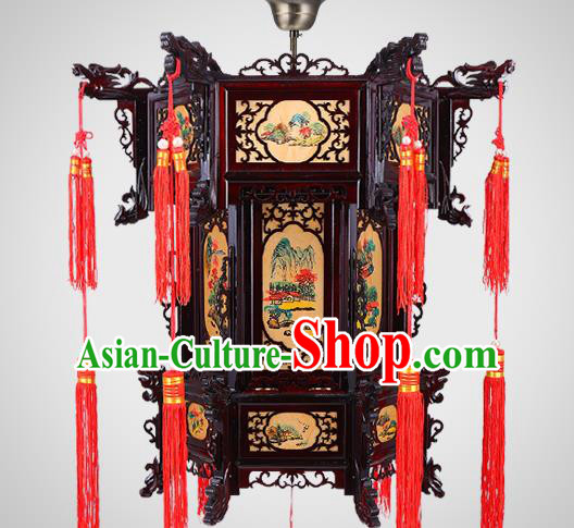 Chinese Traditional Hanging Lamp Handmade Hexagon Palace Lantern Classical Landscape Wood Lanterns New Year Lantern