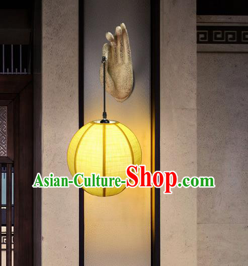China Handmade Yellow Cloth Lanterns Traditional Home Decorations Stone Carving Buddha Hand Wall Lamp Corridor Lantern