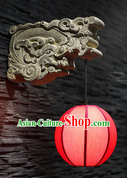 China Stone Carving Dragon Head Wall Lamp Traditional Home Decorations Corridor Lantern Handmade Red Cloth Lanterns