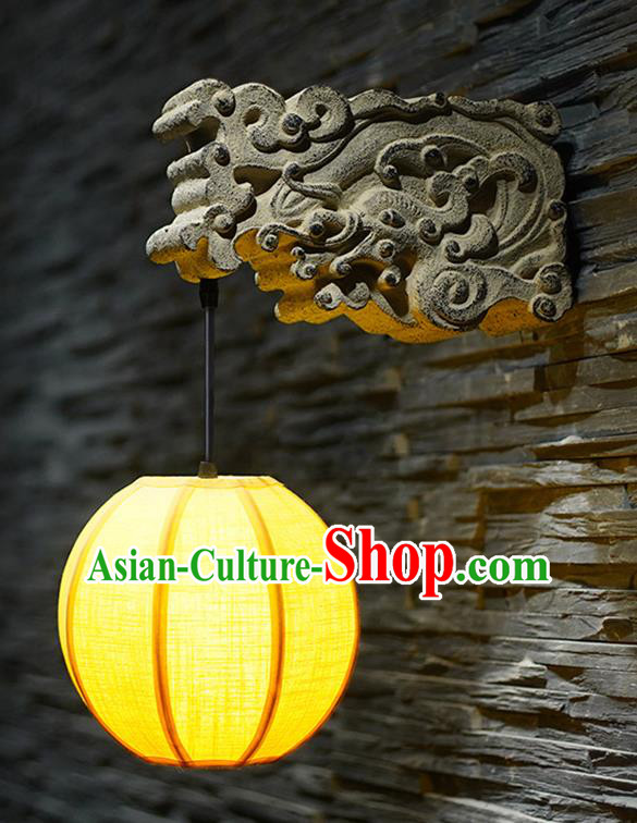 China Handmade Yellow Cloth Lanterns Stone Carving Dragon Head Wall Lamp Traditional Home Decorations Corridor Lantern