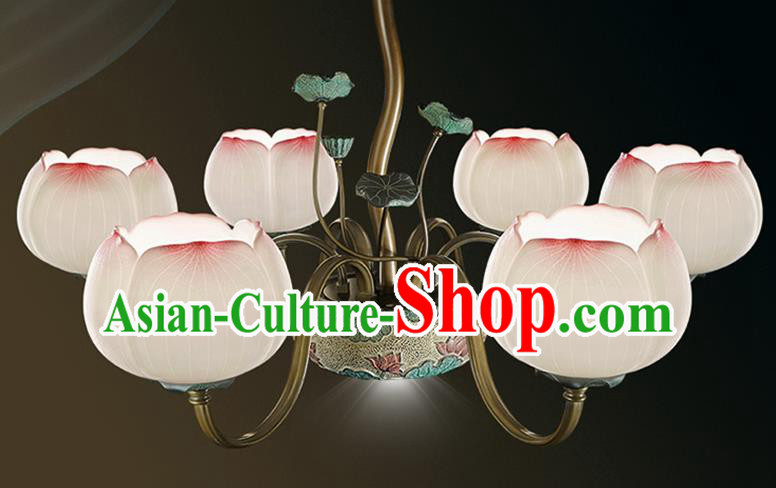 Chinese Traditional Ceiling Lamp Handmade Classical Lanterns Iron Art Six Lights Lotus Lantern