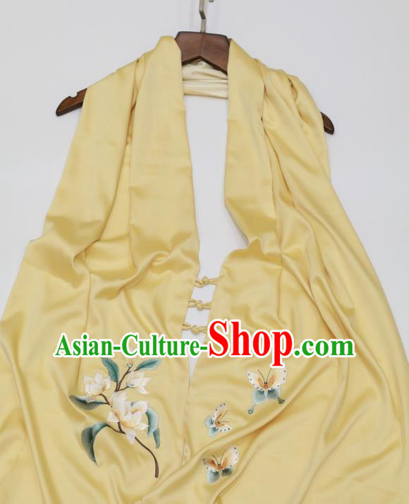 China Yellow Silk Scarf Traditional Embroidered Tippet Embroidery Magnolia Craft Mother Cappa