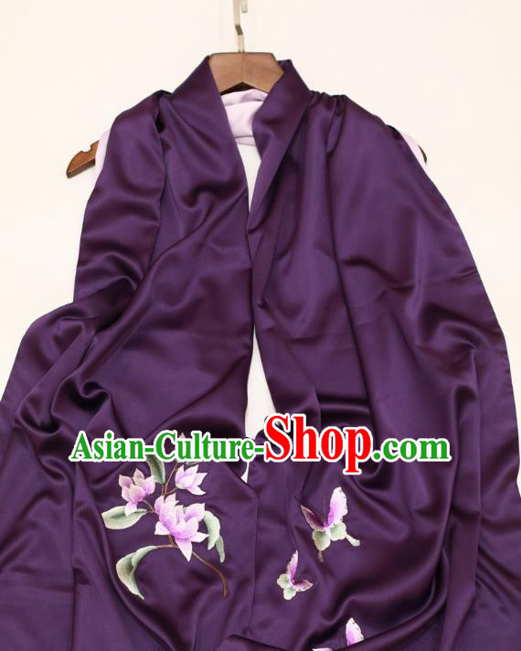 Traditional China Silk Scarf Embroidery Magnolia Craft Mother Cappa Embroidered Deep Purple Tippet