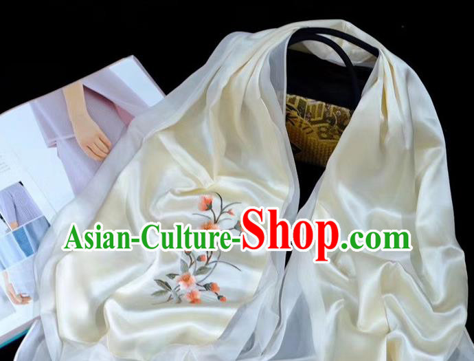 Traditional China Mother Cappa Embroidered Tippet Suzhou Embroidery Craft Beige Silk Scarf