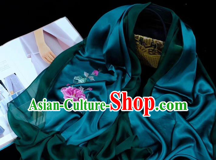 Traditional China Mother Cappa Deep Green Silk Scarf Embroidered Tippet Suzhou Embroidery Peony Craft