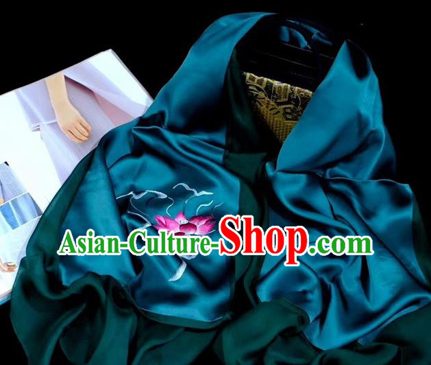 Traditional China Embroidered Tippet Accessories Deep Green Silk Scarf Suzhou Embroidery Lotus Craft Bride Mother Cappa