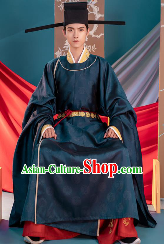 Traditional China Song Dynasty Emperor Zhao Zhen Hanfu Clothing Ancient Imperator Costumes Navy Robe and Pants Full Set