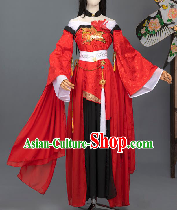 Chinese Ming Dynasty Young Female Costumes Ancient Swordswoman Red Hanfu Dress Fairy Princess Apparels