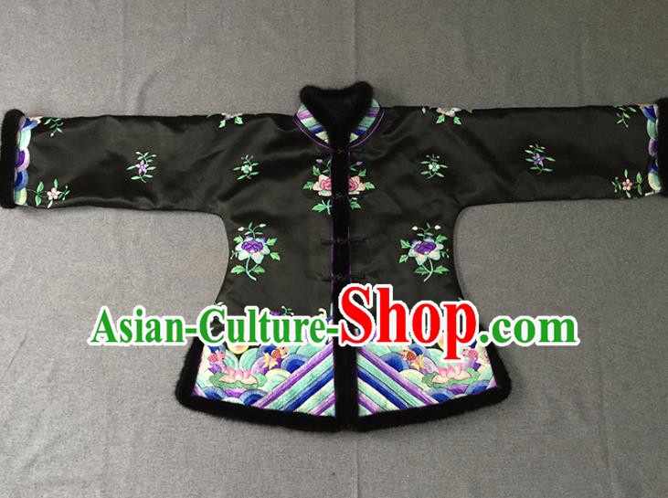 Chinese Tang Suit Black Silk Jacket Apparels Embroidered Upper Outer Garment Winter Costume