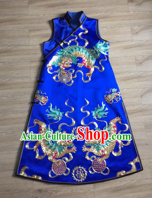 China Embroidered Kylin Royalblue Silk Qipao Dress Vest Cheongsam Women National Clothing