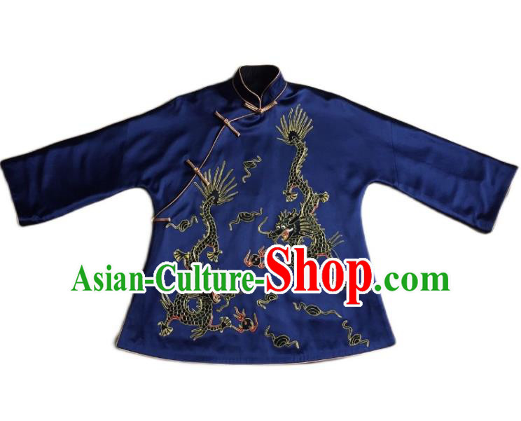 Chinese Court Embroidered Dragons Apparels Upper Outer Garment National Costume Tang Suit Navy Silk Jacket