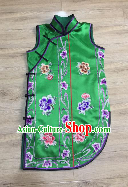 China Embroidered Peony Green Silk Qipao Vest Women National Clothing Cheongsam Waistcoat