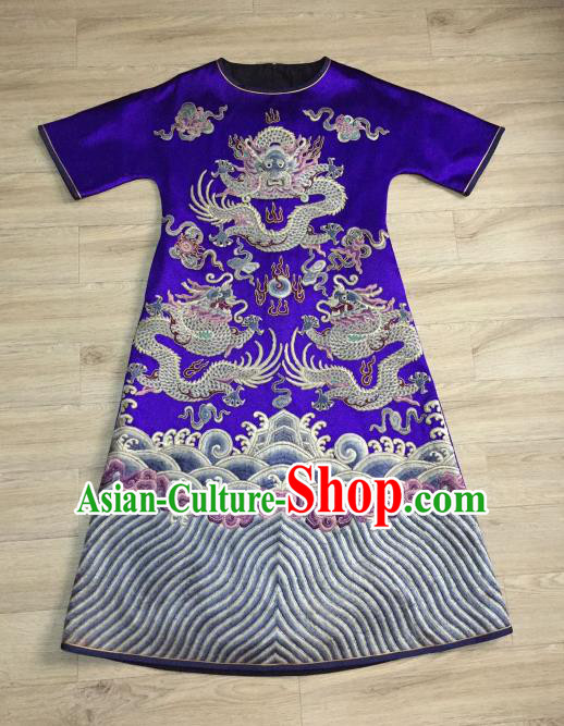 China Embroidered Dragons Royalblue Silk Qipao Dress Women National Clothing Tang Suit Cheongsam