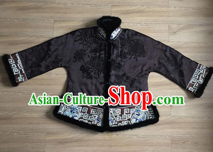 Chinese Embroidered Black Silk Jacket Apparels National Winter Cotton Padded Costume Tang Suit Upper Outer Garment