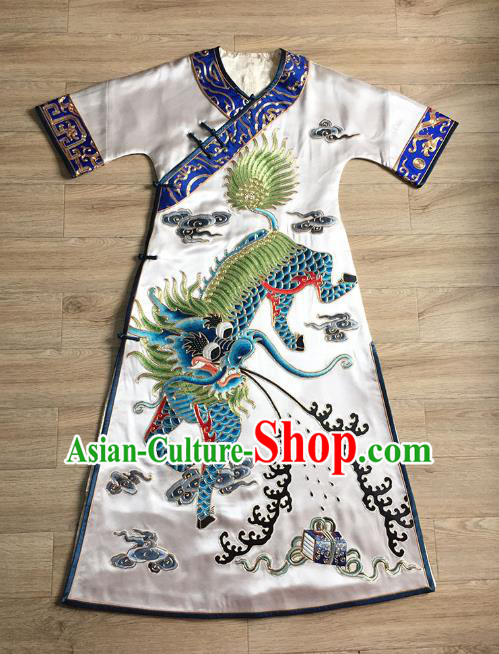 China Women National Clothing Tang Suit Cheongsam Embroidered Kylin White Silk Qipao Dress