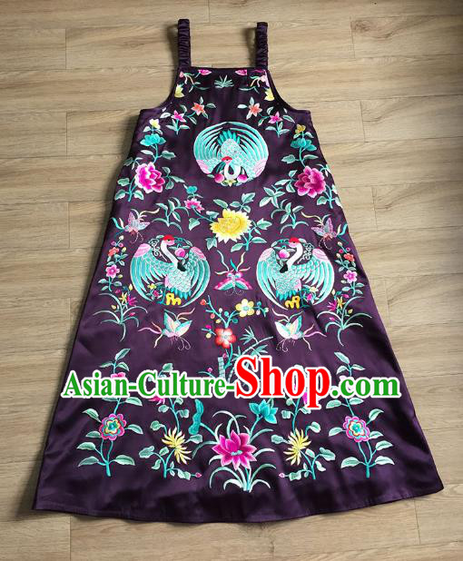 China Embroidered Crane Purple Silk Qipao Dress Women National Clothing Tang Suit Vest Cheongsam