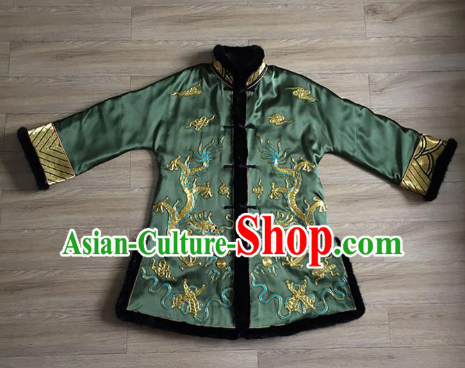 Chinese Embroidered Dragon Green Silk Jacket Tang Suit Upper Outer Garment Apparels National Winter Cotton Padded Costume