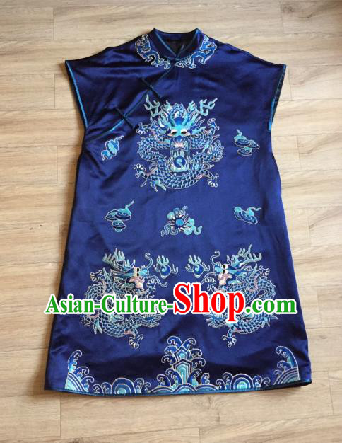 China Embroidered Dragon Navy Silk Vest Women National Clothing Cheongsam Waistcoat