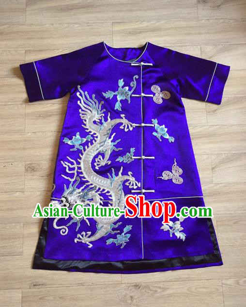 China Women National Clothing Tang Suit Cheongsam Clothing Embroidered Dragons Royalblue Silk Qipao Dress