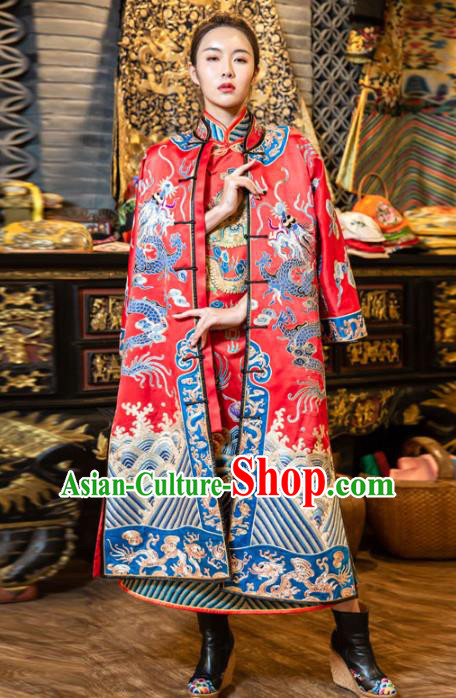 Chinese Embroidered Red Brocade Dust Coat Tang Suit Outer Garment National Costume Apparels