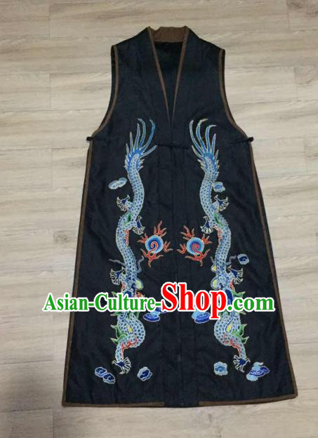 China Women Waistcoat Costumes Embroidery Dragon Black Silk Vest National Clothing