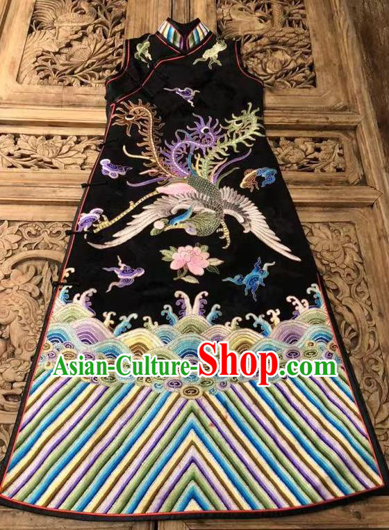 China Women National Clothing Embroidered Phoenix Black Silk Qipao Dress Costume Tang Suit Sleeveless Cheongsam