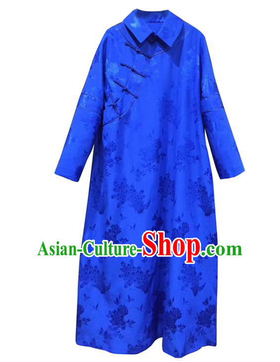 China Tang Suit Women Clothing Classical Rose Pattern Cheongsam Royalblue Silk Qipao Dress Costume