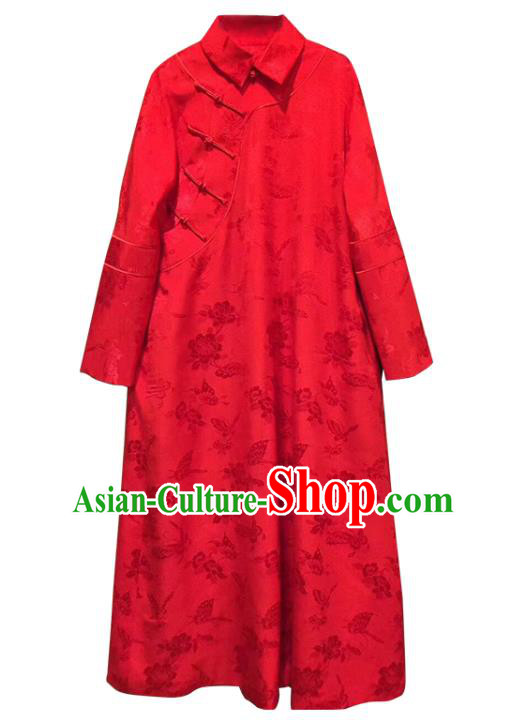 China Classical Rose Pattern Cheongsam Red Silk Qipao Dress Costume Tang Suit Women Clothing