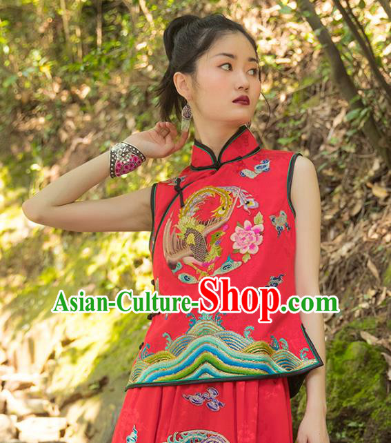 China Embroidery Phoenix Vest National Clothing Tang Suit Costumes Women Red Brocade Waistcoat