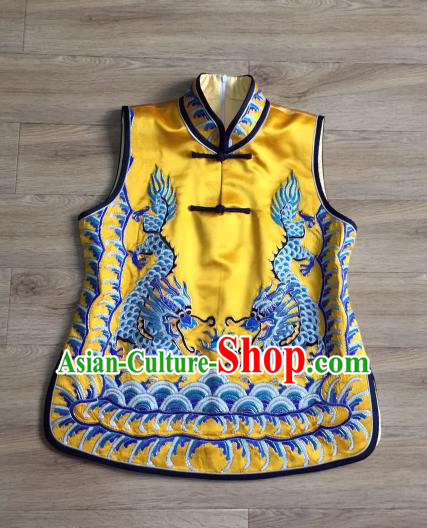 China Women Yellow Silk Waistcoat Costumes National Clothing Embroidery Dragon Vest