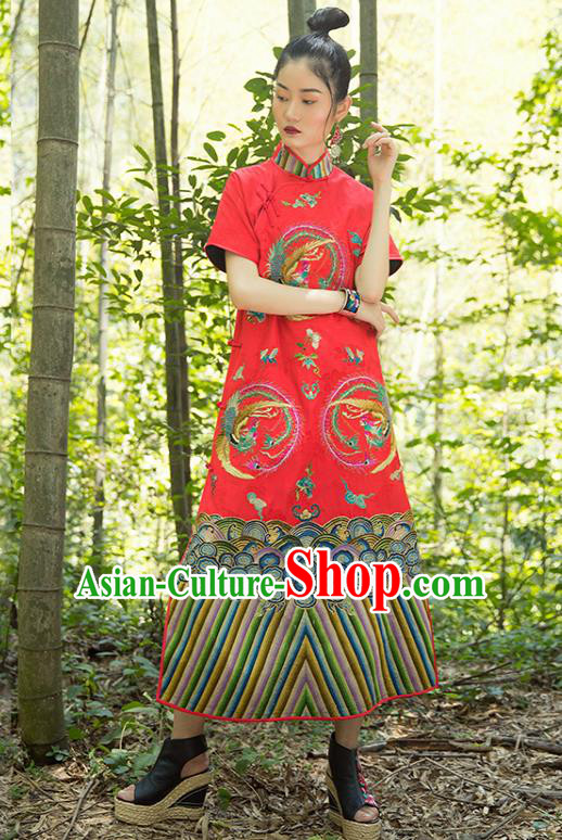 China Tang Suit Women Clothing Classical Phoenix Pattern Cheongsam Red Silk Qipao Dress Costume