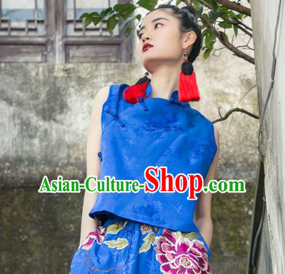 China Tang Suit Blouse National Clothing Blue Brocade Shirt Costumes for Women