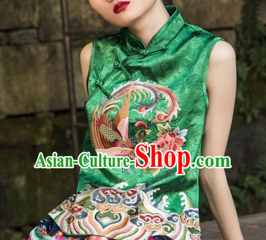 China Tang Suit Embroidery Phoenix Peony Blouse National Clothing Green Brocade Shirt for Women