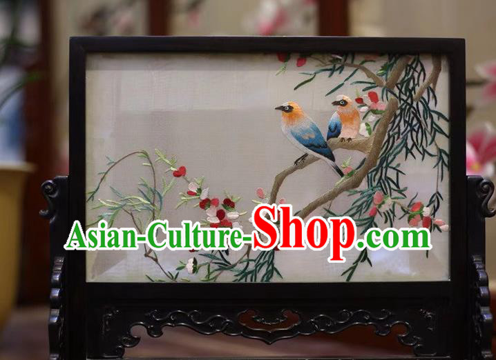 China Hand Embroidery Plum Birds Craft Embroidered Table Screen Wood Byobu Screen