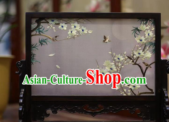 China Wood Desk Screen Hand Embroidery Pear Flowers Craft Embroidered Table Screen