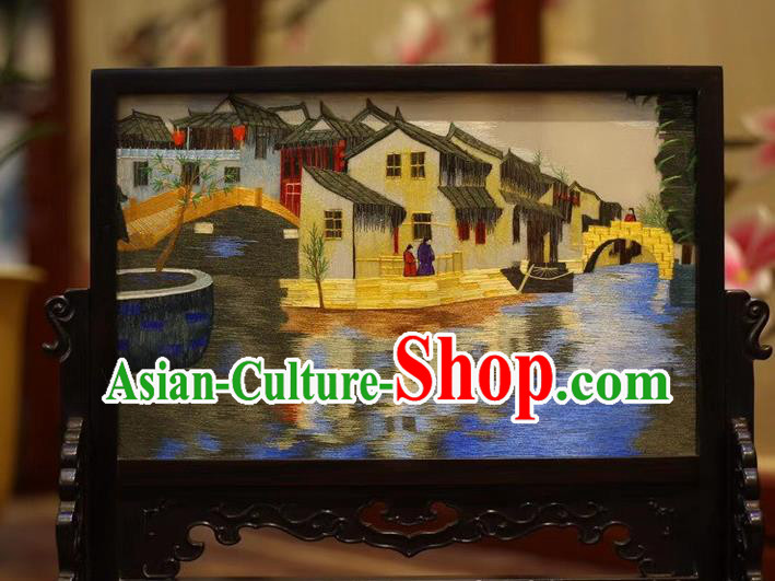 China Traditional Wood Desk Screen Embroidered Table Screen Hand Embroidery Craft