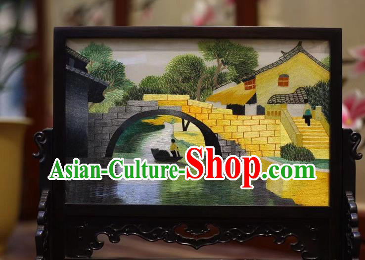 China Traditional Wood Desk Screen Embroidered Bridge Table Screen Hand Suzhou Embroidery Craft