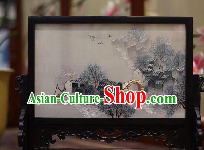 China Country Scenery Desk Screen Embroidered Table Screen Hand Suzhou Embroidery Craft Traditional Wood Carving Screen