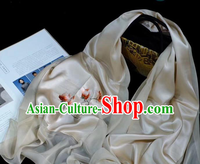 Traditional China Mother Cappa Embroidered Flowers Tippet Suzhou Embroidery Craft Champagne Silk Scarf