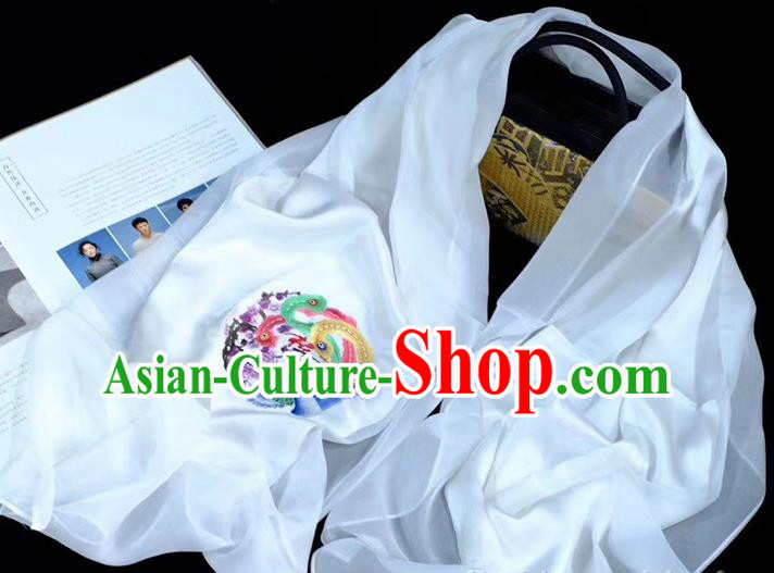 Traditional China Embroidered Phoenix Tippet White Silk Scarf Suzhou Embroidery Craft Mother Cappa