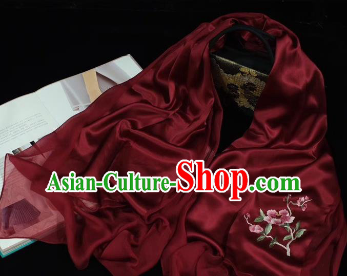 China Embroidered Peach Blossom Mother Cappa Wine Red Silk Tippet Suzhou Embroidery Craft Traditional Silk Scarf