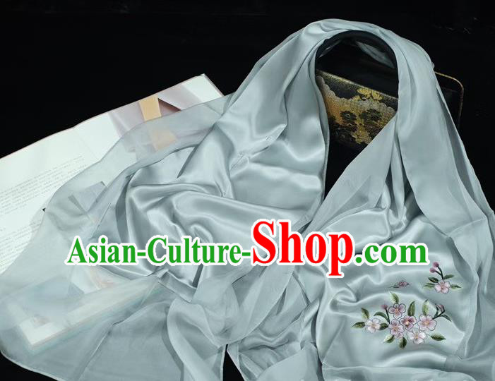 China Traditional Embroidered Light Grey Silk Tippet Suzhou Embroidery Sakura Scarf Mother Cappa