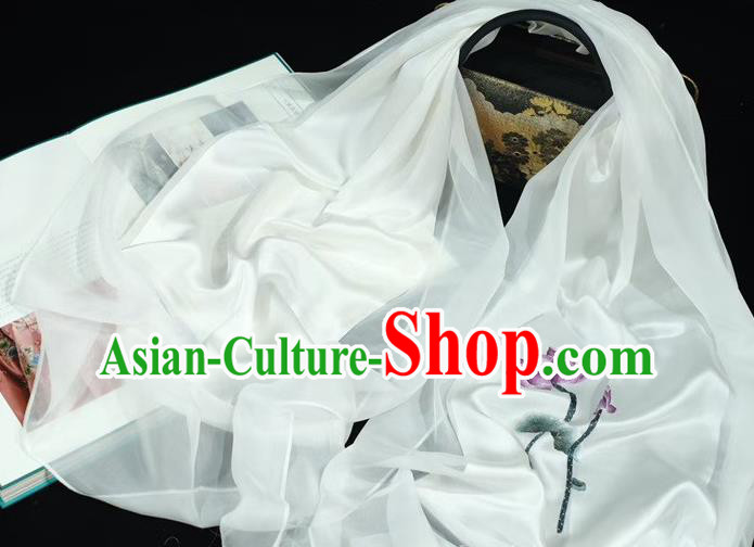 China Embroidery Lotus Accessories Mother Cappa Traditional Exquisite Suzhou Embroidered Tippet White Silk Scarf