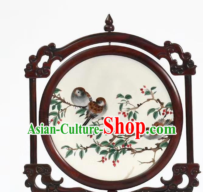 China Handmade Suzhou Embroidery Birds Painting Desk Screen Rosewood Table Decoration