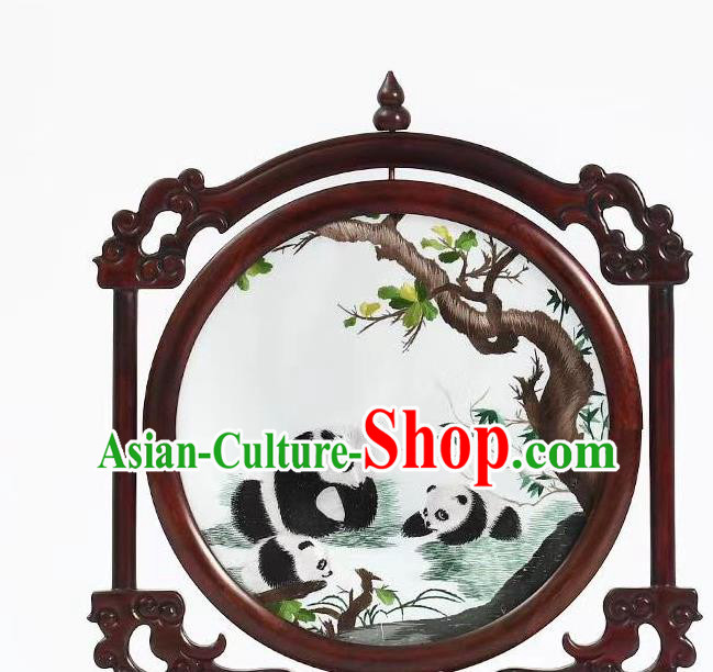 China Rosewood Table Decoration Suzhou Embroidery Panda Painting Desk Screen Handmade Artware