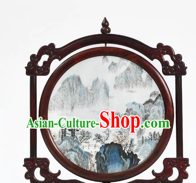 China Embroidery Landscape Painting Desk Screen Handmade Table Decoration Suzhou Embroidered Rosewood Artware