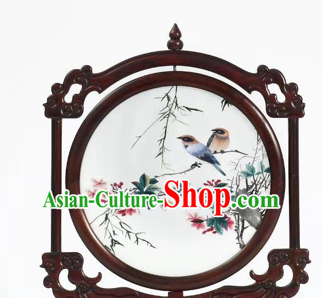 China Rosewood Artware Handmade Suzhou Embroidered Painting Craft Embroidery Table Decoration Flowers Birds Desk Screen