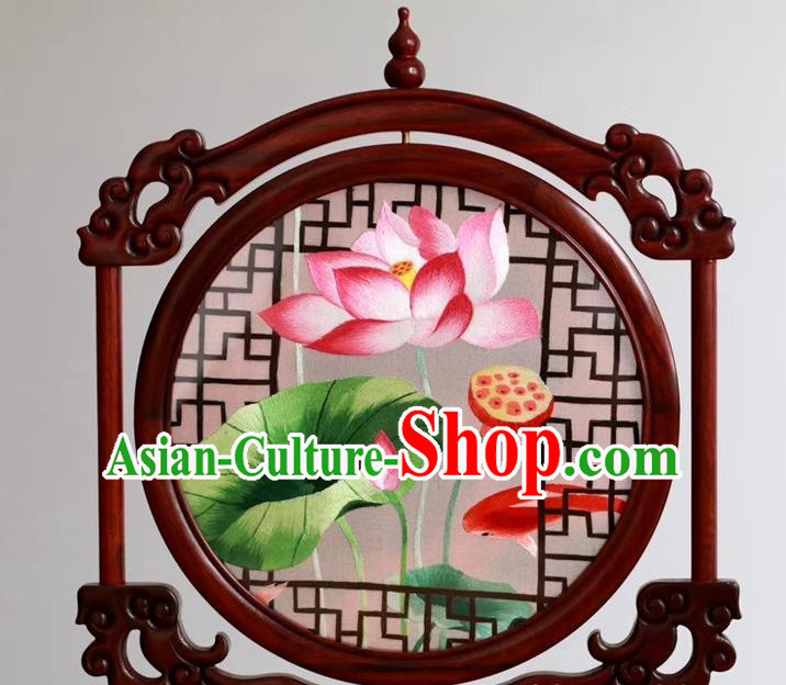 China Rosewood Desk Screen Embroidery Table Decoration Handmade Suzhou Embroidered Lotus Painting Craft