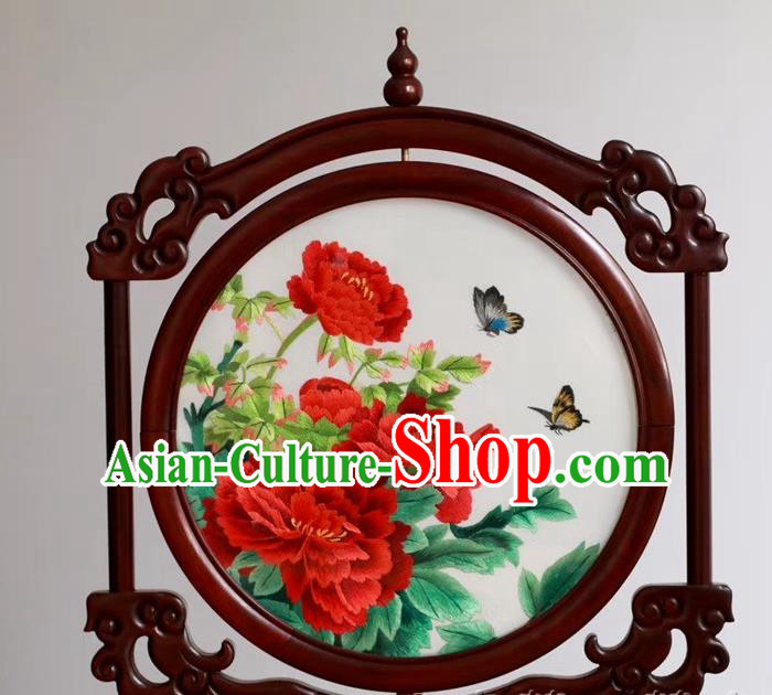 China Peony Flowers Rosewood Desk Screen Handmade Suzhou Embroidered Craft Embroidery Table Ornament